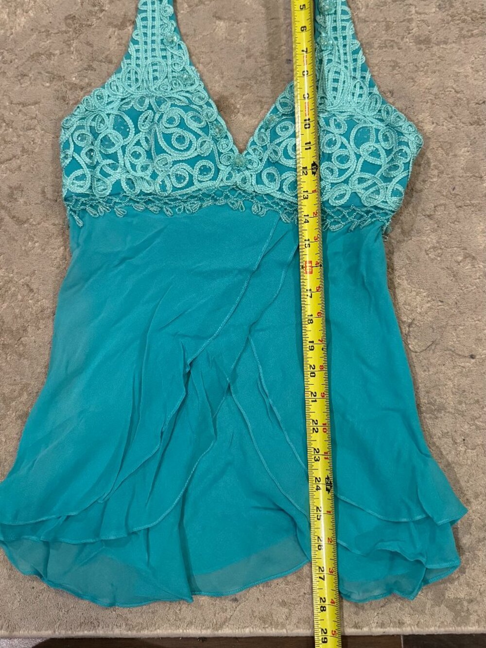 Sue Wong 100% Silk Y2K Turquoise Teal Crochet Flowy Top Fairy Art Deco Halter 1 - Picture 8 of 15